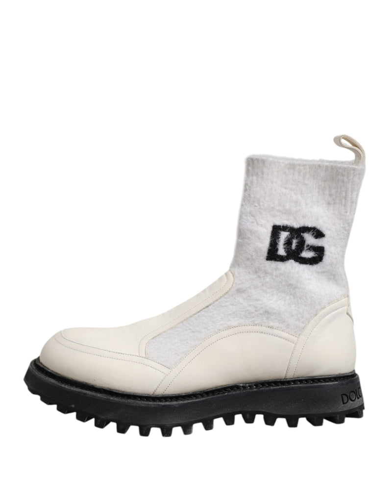 White Beige DG Logo Mid Calf Boots Shoes Dolce & Gabbana