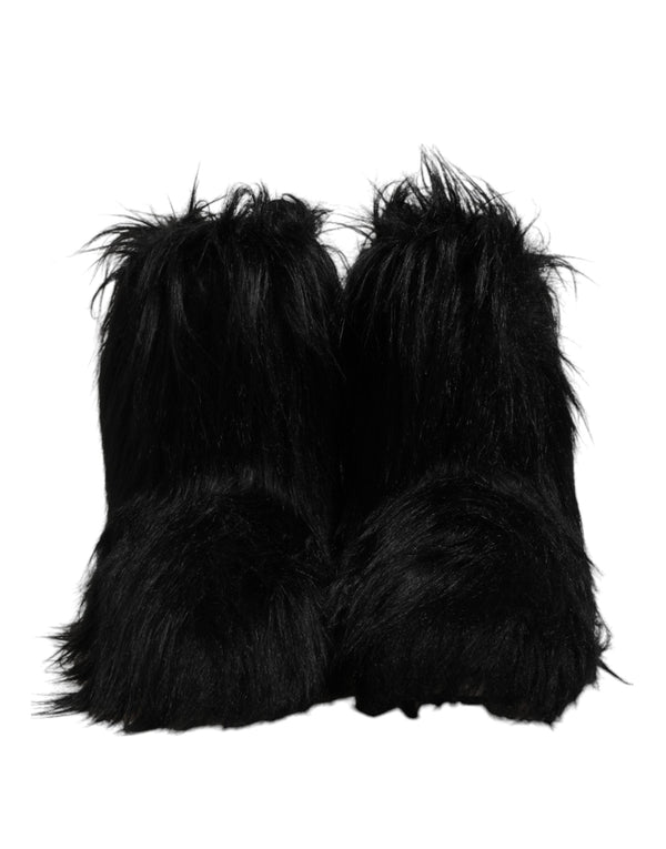 Black Faux Fur Mid Calf Boots Shoes Dolce & Gabbana
