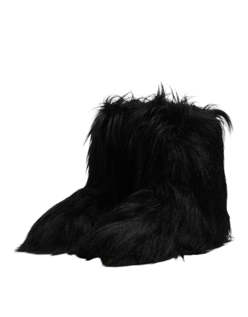 Black Faux Fur Mid Calf Boots Shoes Dolce & Gabbana