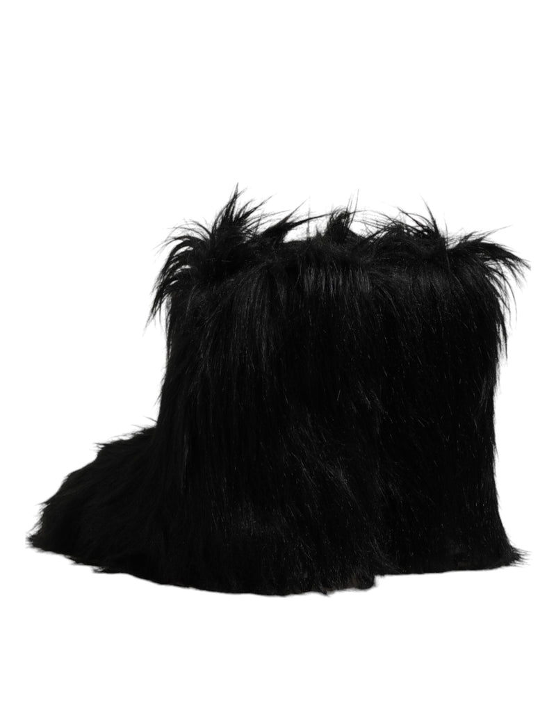 Black Faux Fur Mid Calf Boots Shoes Dolce & Gabbana