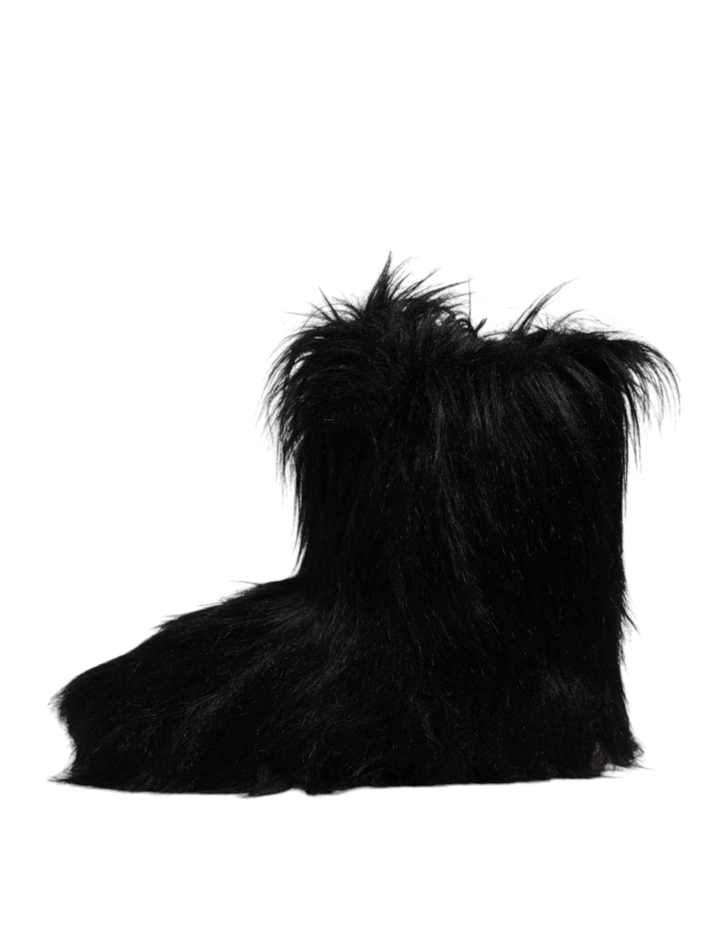 Black Faux Fur Mid Calf Boots Shoes Dolce & Gabbana