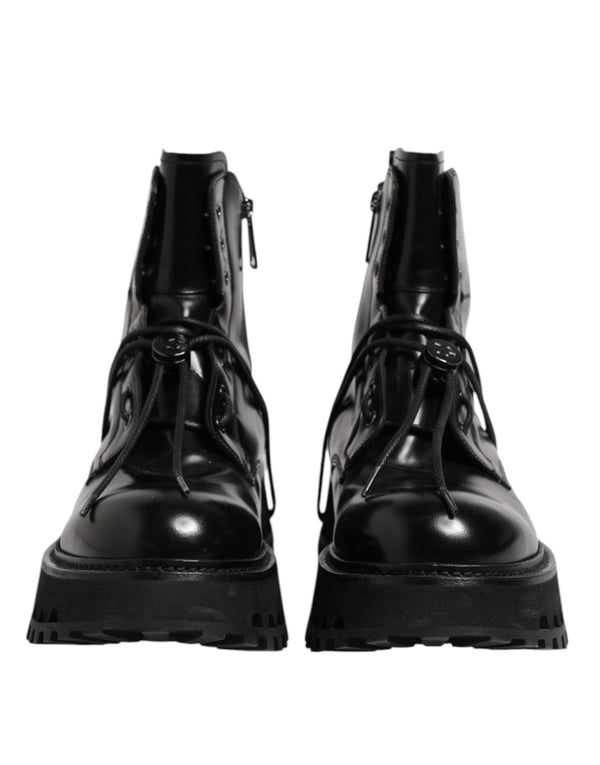 Black Leather Logo Ankle Boots Lace Up Shoes Dolce & Gabbana