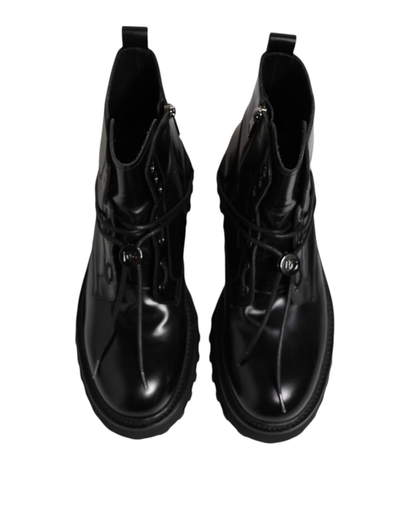 Black Leather Logo Ankle Boots Lace Up Shoes Dolce & Gabbana
