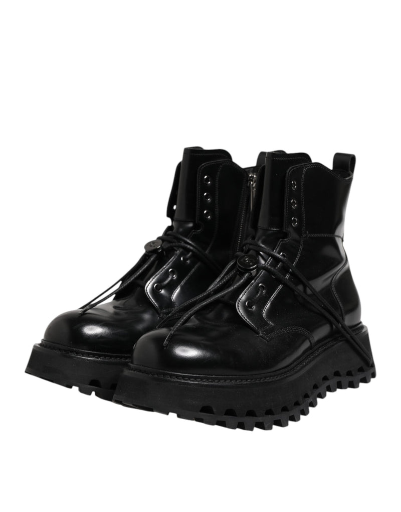 Black Leather Logo Ankle Boots Lace Up Shoes Dolce & Gabbana