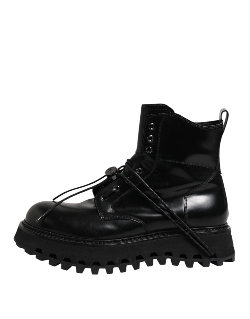 Black Leather Logo Ankle Boots Lace Up Shoes Dolce & Gabbana