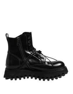 Black Leather Logo Ankle Boots Lace Up Shoes Dolce & Gabbana