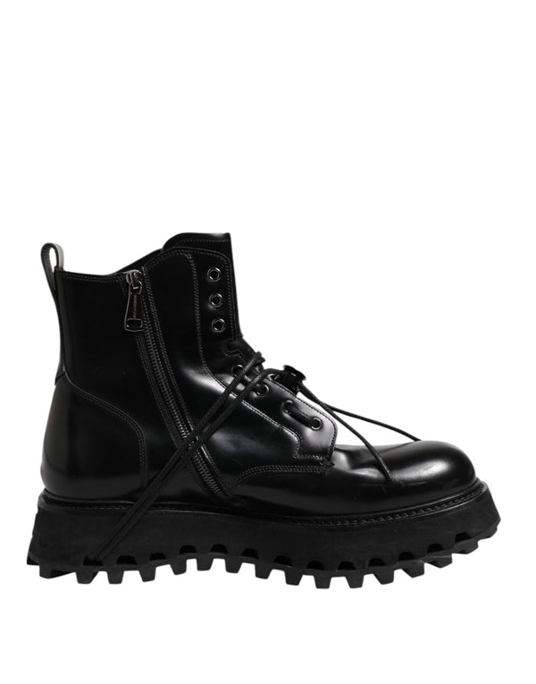 Black Leather Logo Ankle Boots Lace Up Shoes Dolce & Gabbana