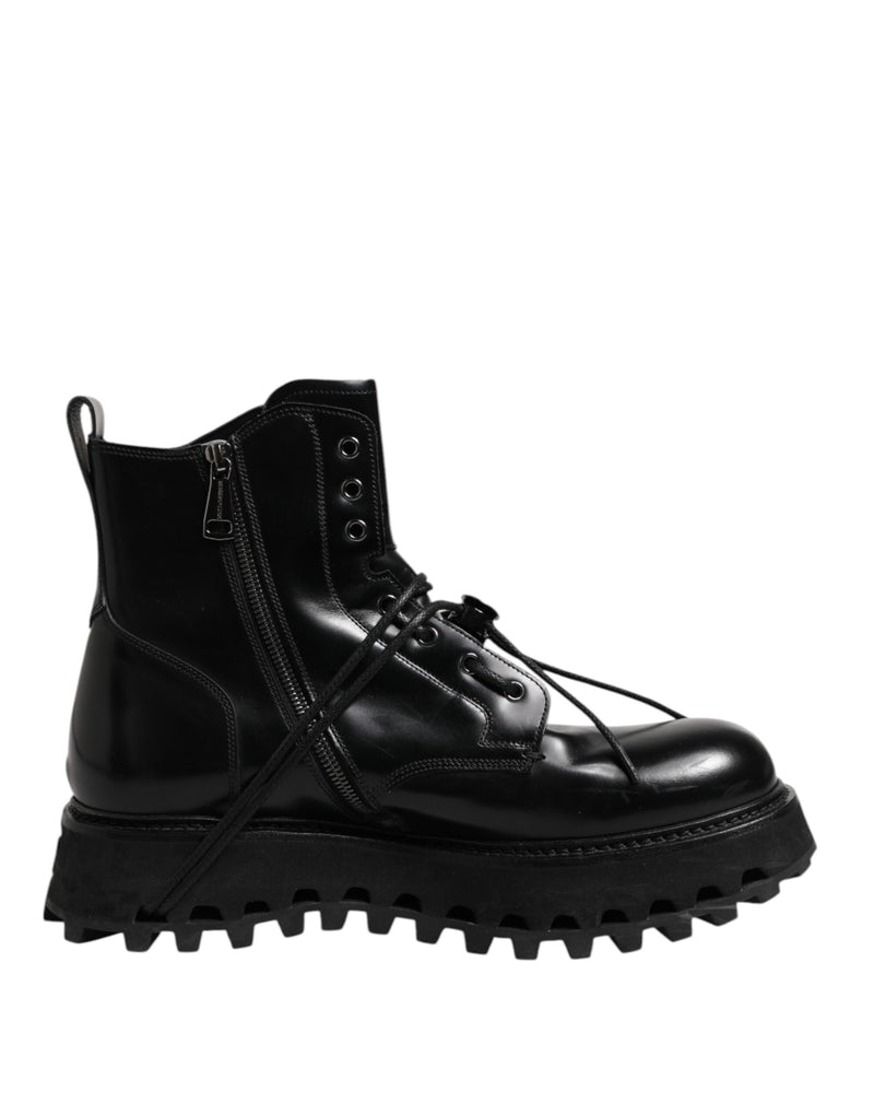 Black Leather Logo Ankle Boots Lace Up Shoes Dolce & Gabbana