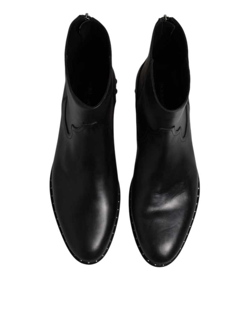 Black Leather Logo Ankle Boots Studded Shoes Dolce & Gabbana