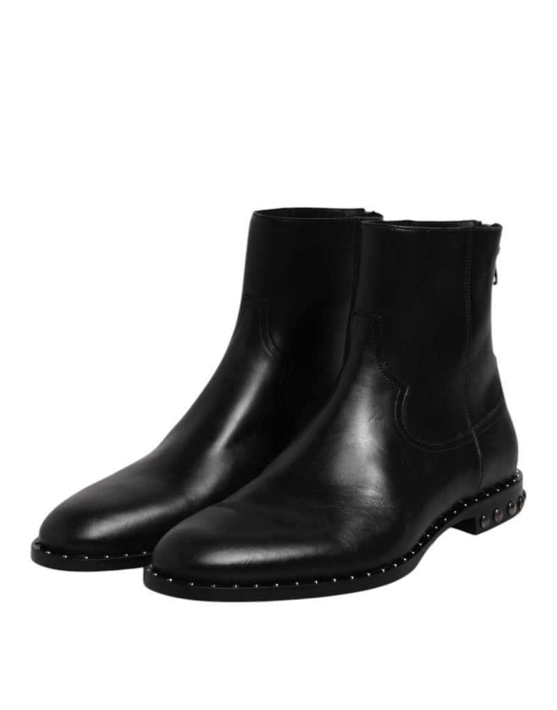 Black Leather Logo Ankle Boots Studded Shoes Dolce & Gabbana