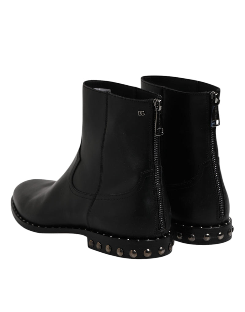 Black Leather Logo Ankle Boots Studded Shoes Dolce & Gabbana