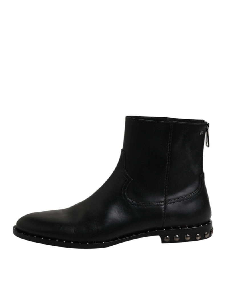 Black Leather Logo Ankle Boots Studded Shoes Dolce & Gabbana