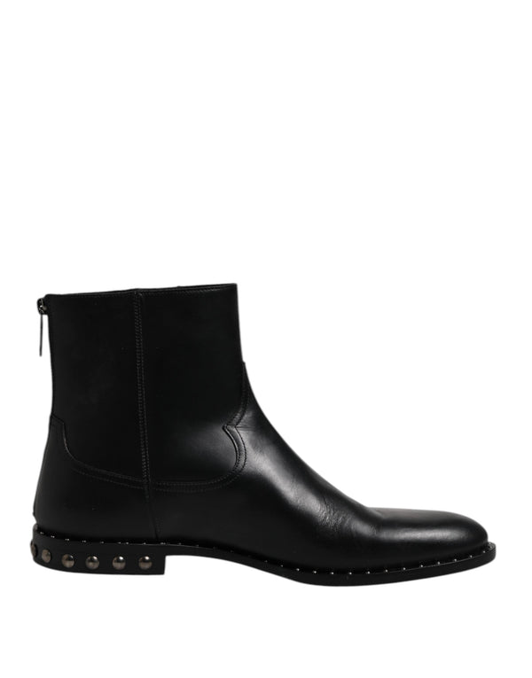 Black Leather Logo Ankle Boots Studded Shoes Dolce & Gabbana