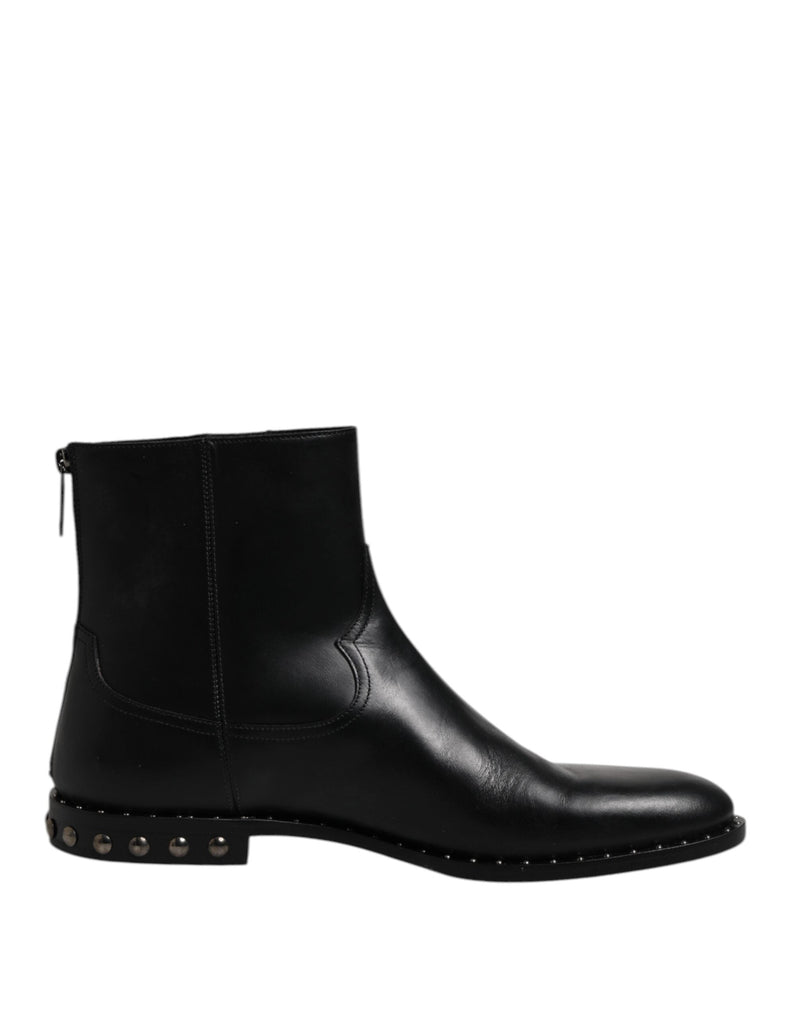 Black Leather Logo Ankle Boots Studded Shoes Dolce & Gabbana
