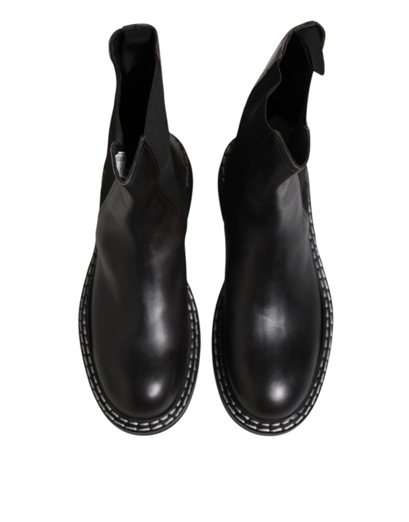 Black Leather Mid Calf Boots Flats Shoes Dolce & Gabbana