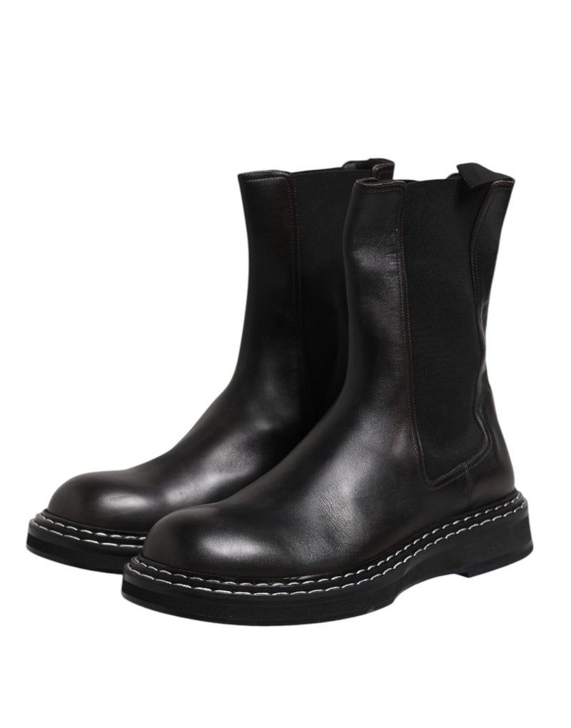 Black Leather Mid Calf Boots Flats Shoes Dolce & Gabbana