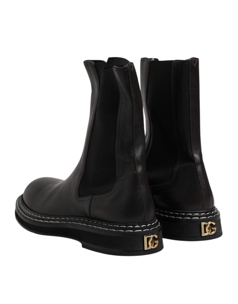 Black Leather Mid Calf Boots Flats Shoes Dolce & Gabbana