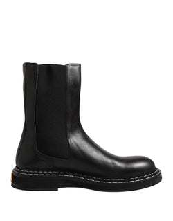 Black Leather Mid Calf Boots Flats Shoes Dolce & Gabbana