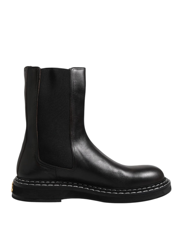 Black Leather Mid Calf Boots Flats Shoes Dolce & Gabbana