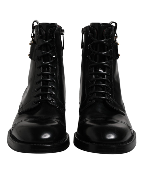 Black Leather Mid Calf Boots Lace Up Shoes Dolce & Gabbana