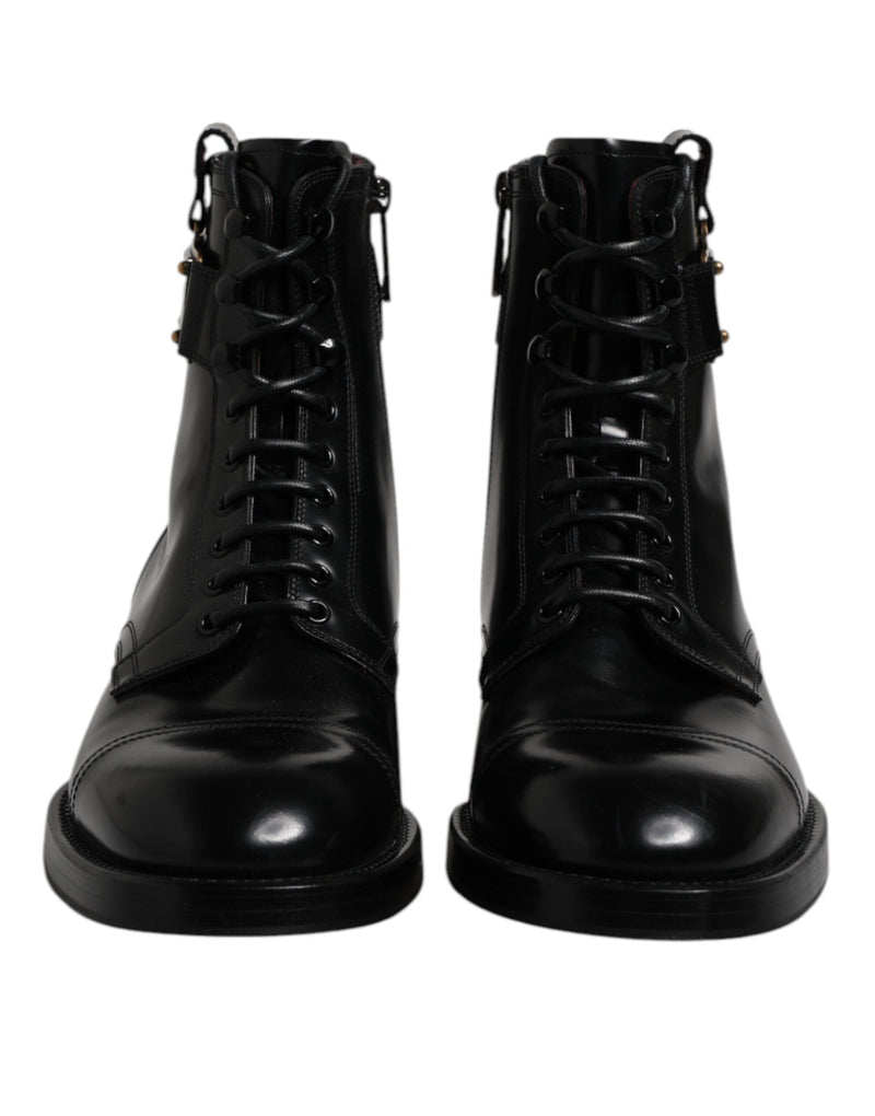 Black Leather Mid Calf Boots Lace Up Shoes Dolce & Gabbana