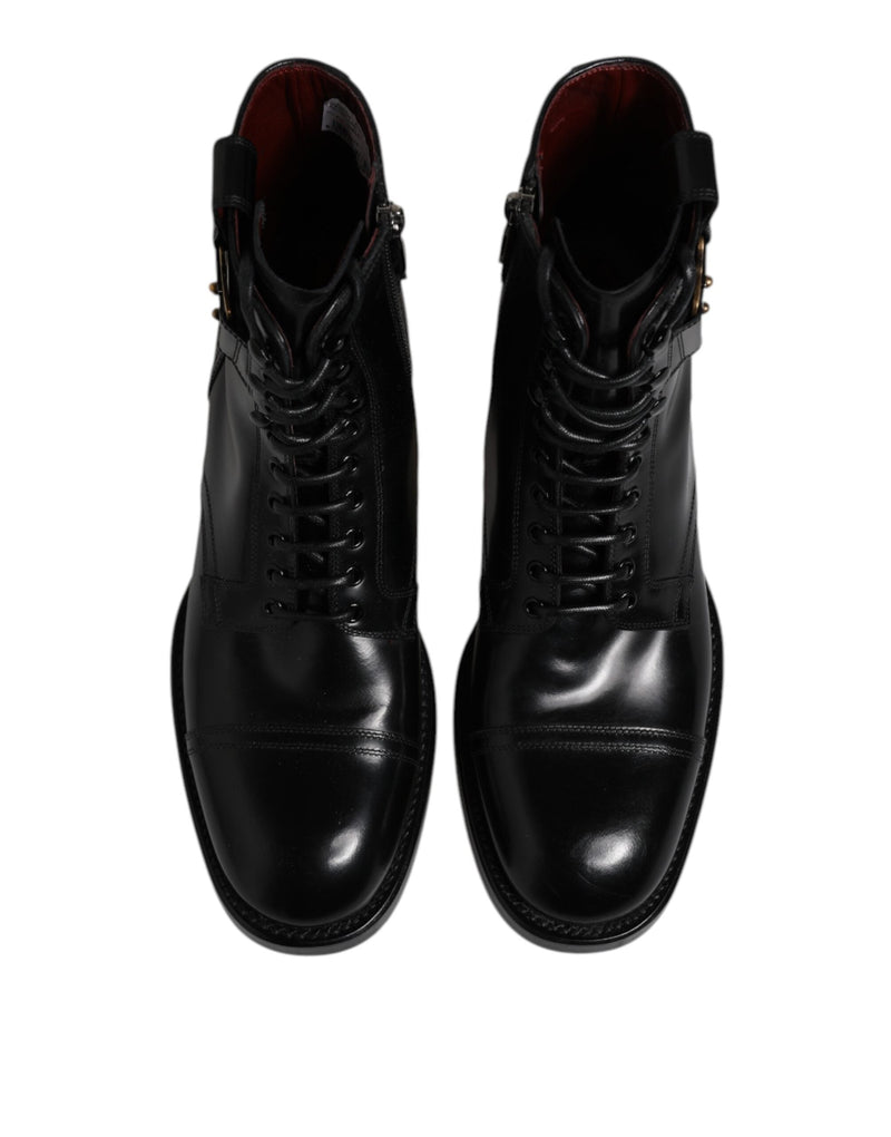 Black Leather Mid Calf Boots Lace Up Shoes Dolce & Gabbana