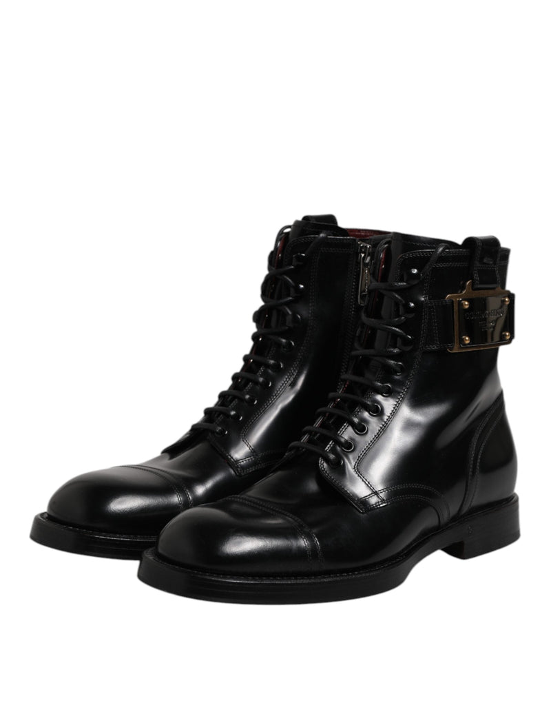Black Leather Mid Calf Boots Lace Up Shoes Dolce & Gabbana