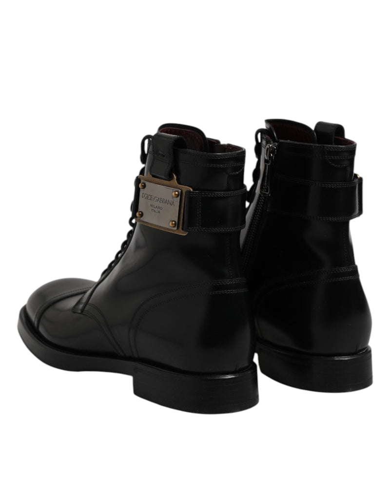 Black Leather Mid Calf Boots Lace Up Shoes Dolce & Gabbana