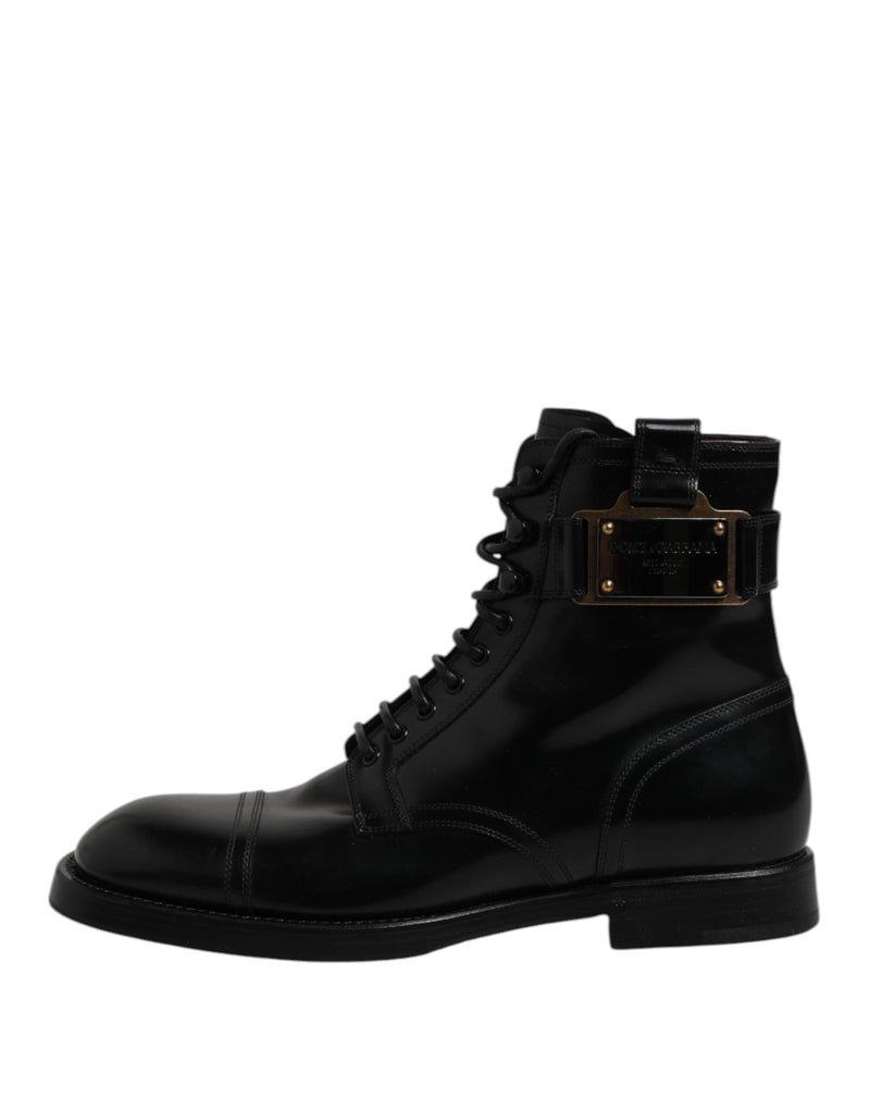 Black Leather Mid Calf Boots Lace Up Shoes Dolce & Gabbana