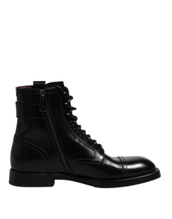 Black Leather Mid Calf Boots Lace Up Shoes Dolce & Gabbana