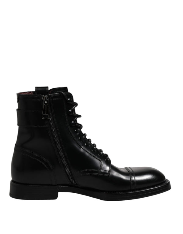 Black Leather Mid Calf Boots Lace Up Shoes Dolce & Gabbana