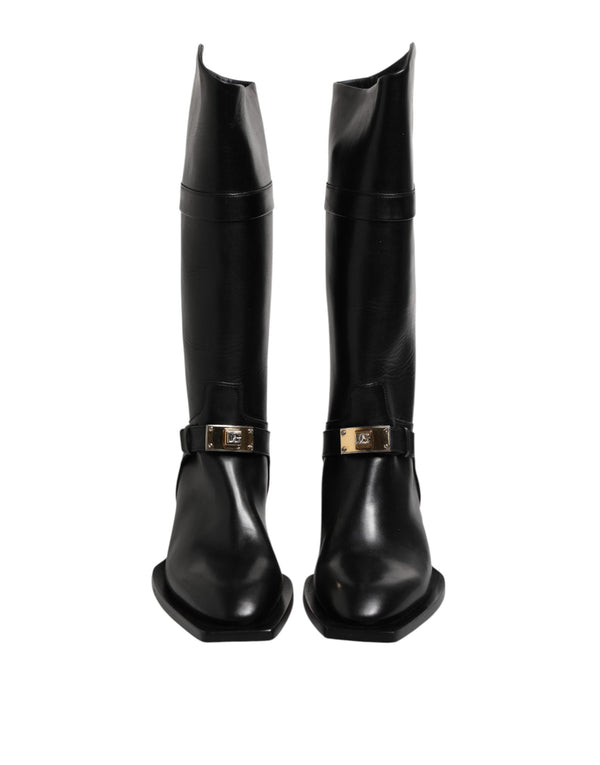 Black Leather High Boots Flats Shoes Dolce & Gabbana