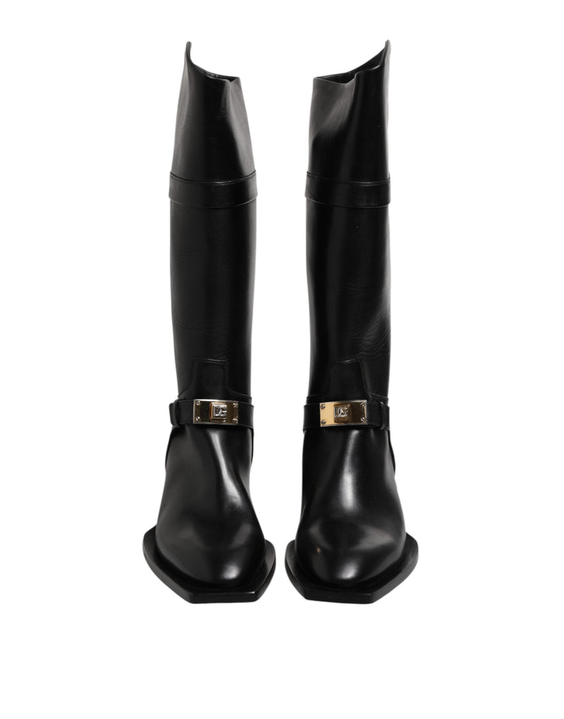 Black Leather High Boots Flats Shoes Dolce & Gabbana