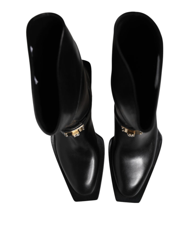 Black Leather High Boots Flats Shoes Dolce & Gabbana