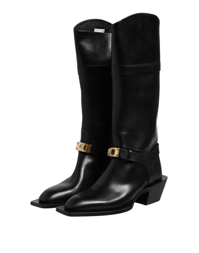 Black Leather High Boots Flats Shoes Dolce & Gabbana