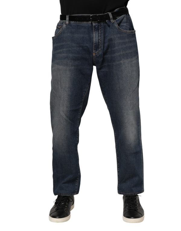 Blue Cotton Logo Plaque Slim Denim Jeans Dolce & Gabbana