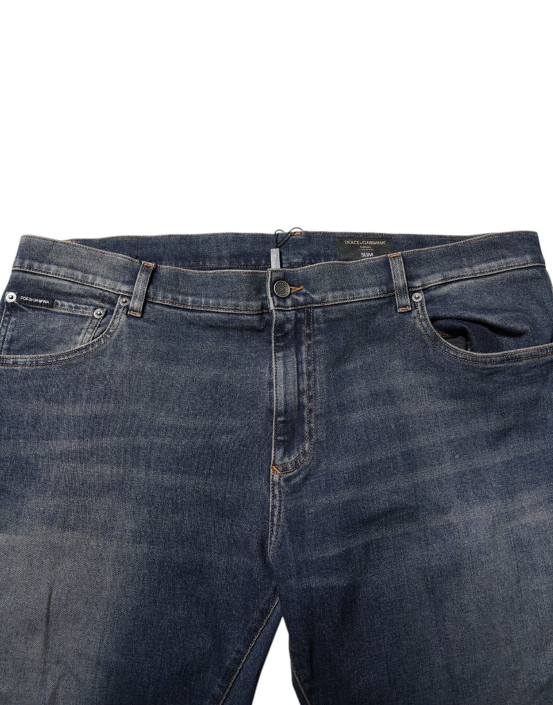 Blue Cotton Logo Plaque Slim Denim Jeans Dolce & Gabbana