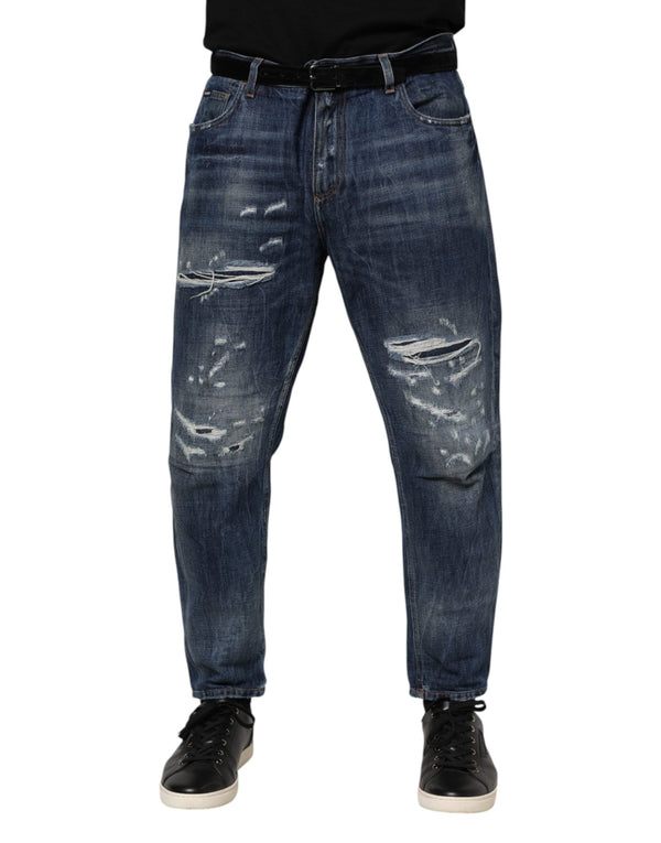 Blue Cotton Tattered Tapered Men Denim Jeans Dolce & Gabbana