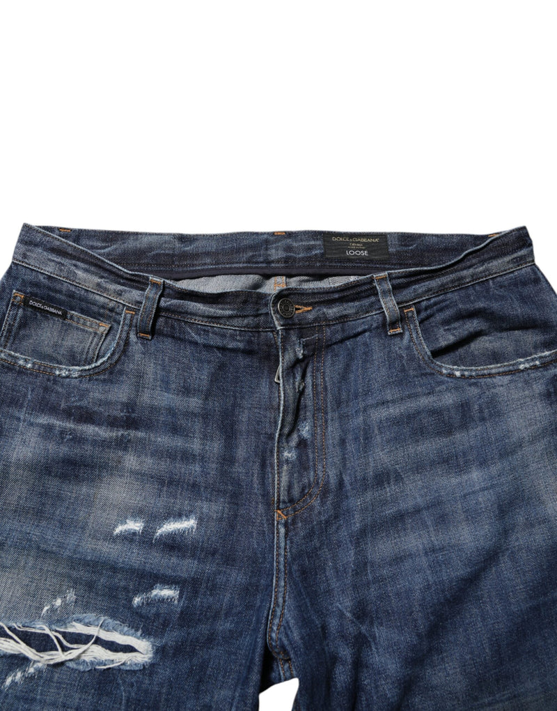 Blue Cotton Tattered Tapered Men Denim Jeans Dolce & Gabbana