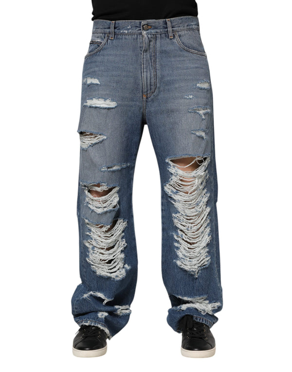 Blue Tattered Cotton Logo Plaque Denim Jeans Dolce & Gabbana