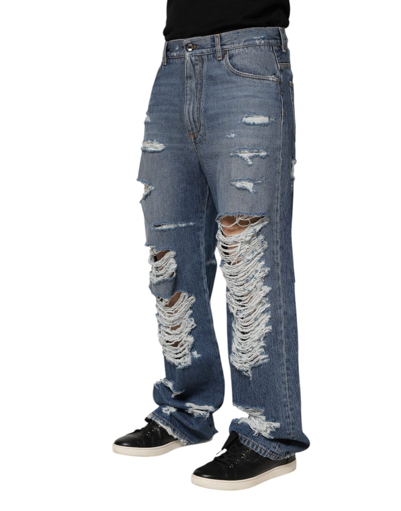Blue Tattered Cotton Logo Plaque Denim Jeans Dolce & Gabbana