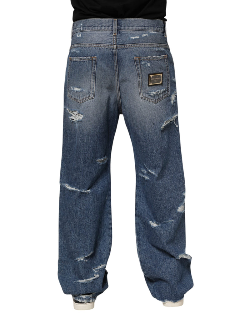 Blue Tattered Cotton Logo Plaque Denim Jeans Dolce & Gabbana