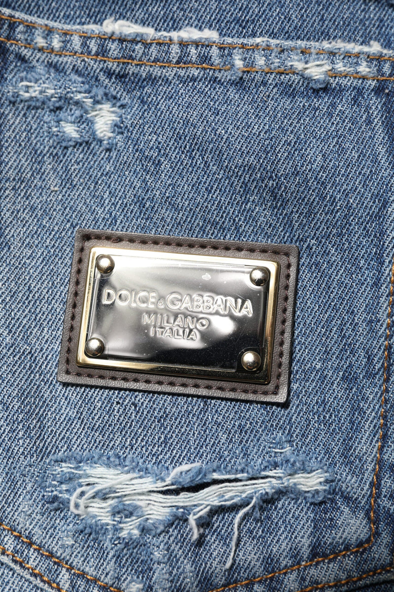 Blue Tattered Cotton Logo Plaque Denim Jeans Dolce & Gabbana