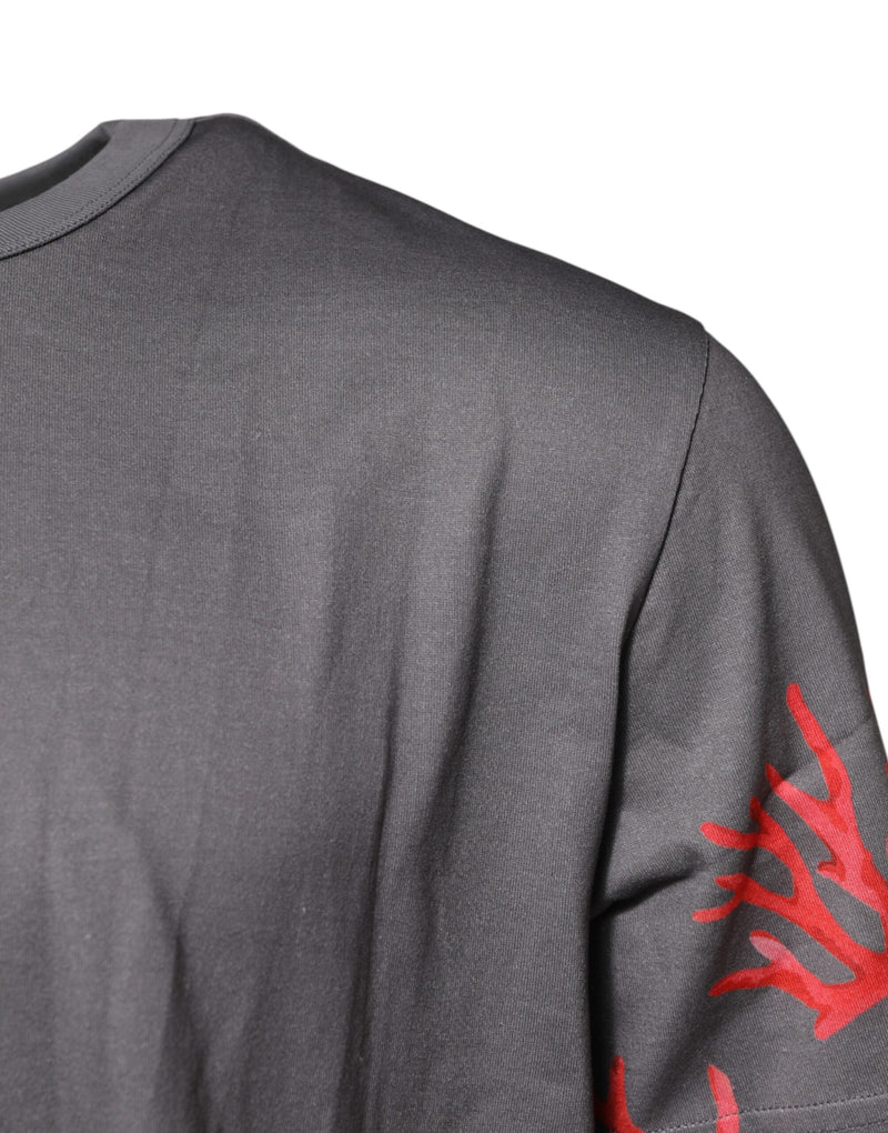 Gray Cotton Coral Print Logo Plaque T-shirt Dolce & Gabbana