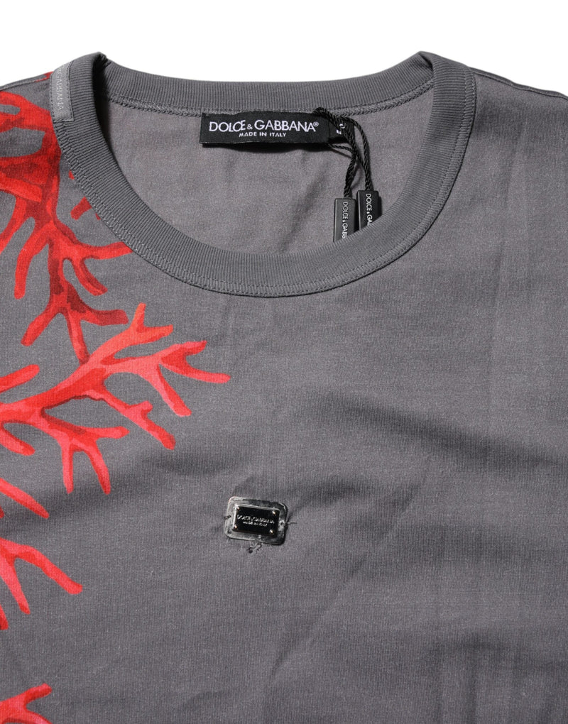 Gray Cotton Coral Print Logo Plaque T-shirt Dolce & Gabbana