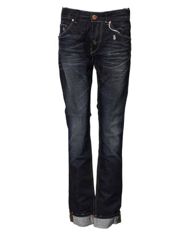 Blue Washed Cotton Mid Waist Flared Denim Jeans Acht
