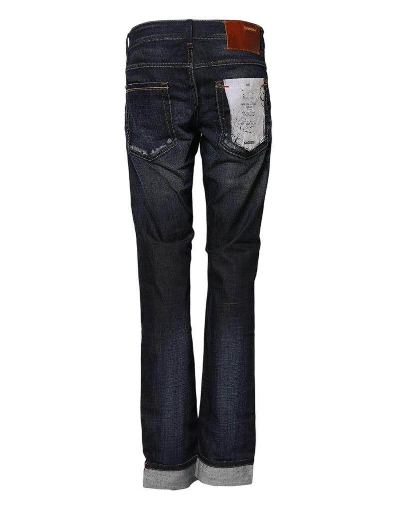 Blue Washed Cotton Mid Waist Flared Denim Jeans Acht