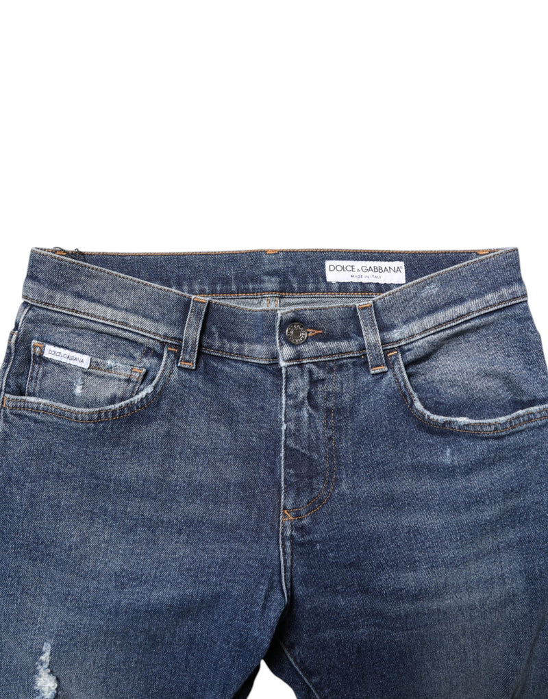 Blue Washed Skinny Cotton Tattered Denim Jeans Dolce & Gabbana