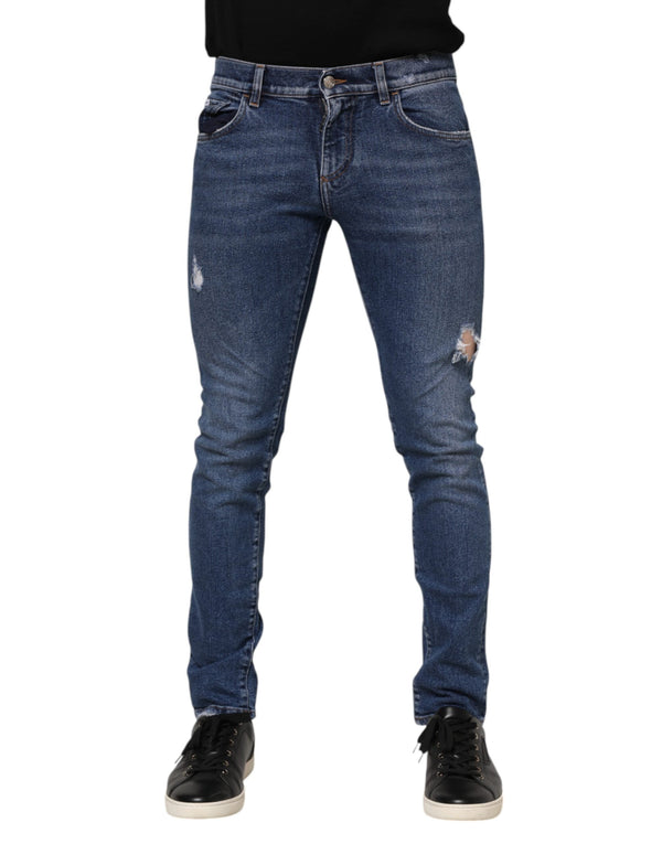 Blue Washed Skinny Cotton Tattered Denim Jeans Dolce & Gabbana