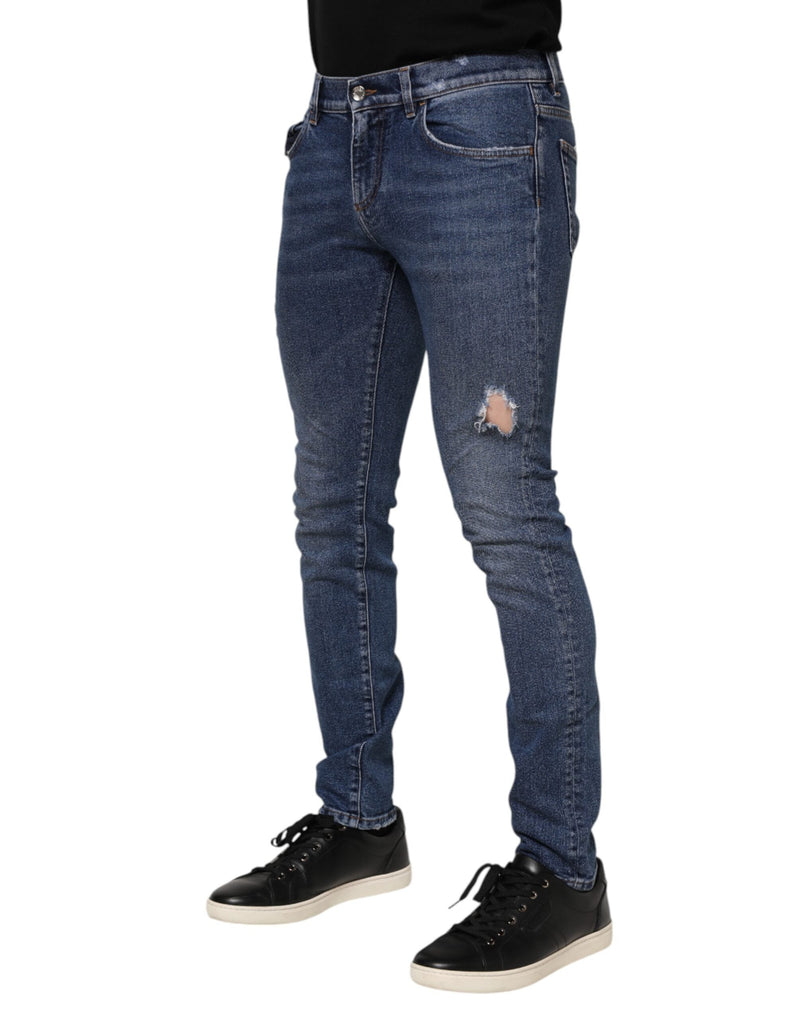 Blue Washed Skinny Cotton Tattered Denim Jeans Dolce & Gabbana